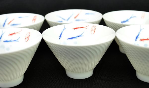 Beveled White Ceramic Cups with Goldfish * Set of 6 Hot on Sale
